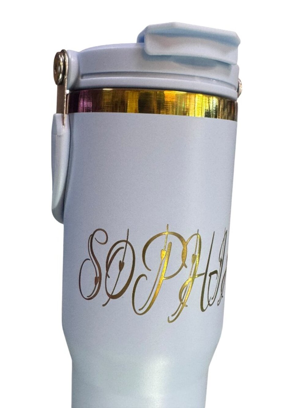 Stainless Steel Tumbler with Handle and Straw, White,  Script Name SOPHIA 30 .OZ